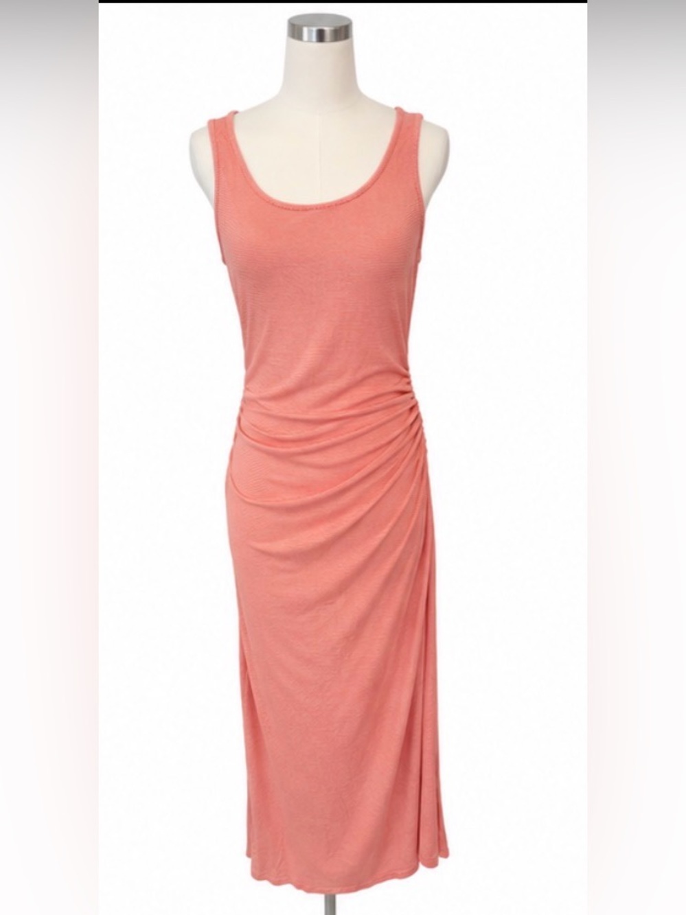 Athleta Ruched Midi Dress Size M Coral White Micro Stripe Sleeveless